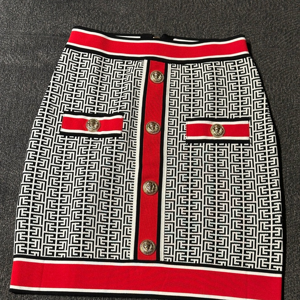 Balmain Red and Black Geometric Pencil Skirt